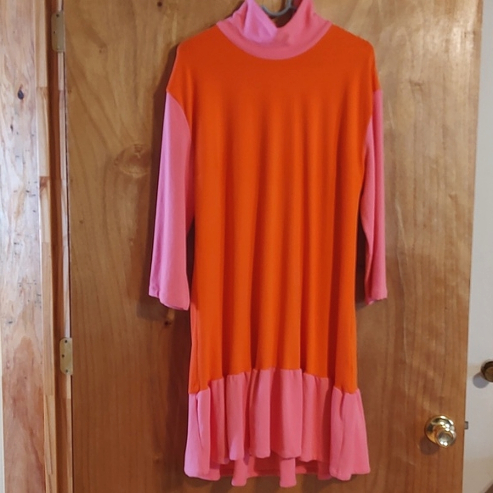 Pink & Orange Turtleneck Ruffle Hem Women's Dress